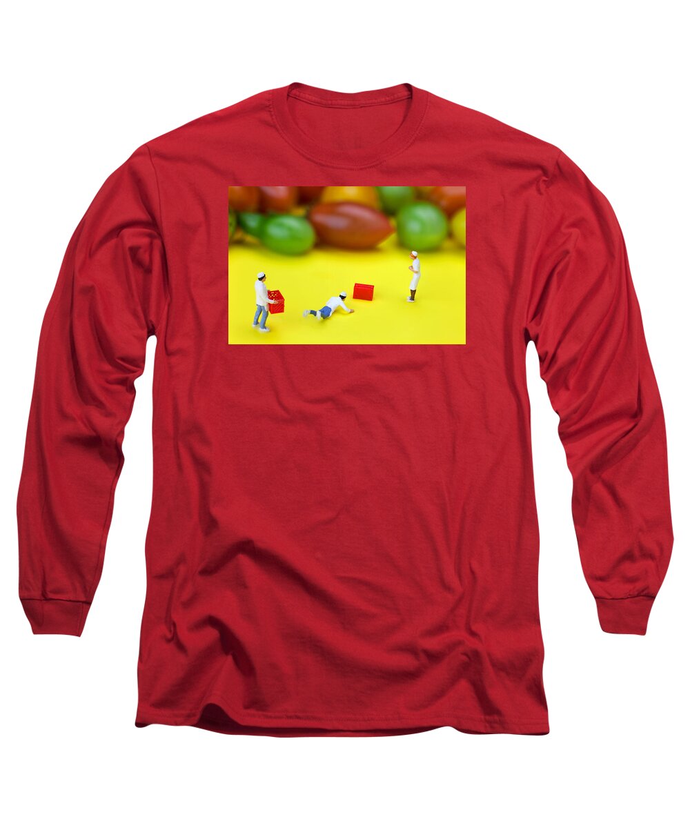 Chef Long Sleeve T-Shirt featuring the painting Chef Tumbled in front of colorful tomatoes little people on food by Paul Ge