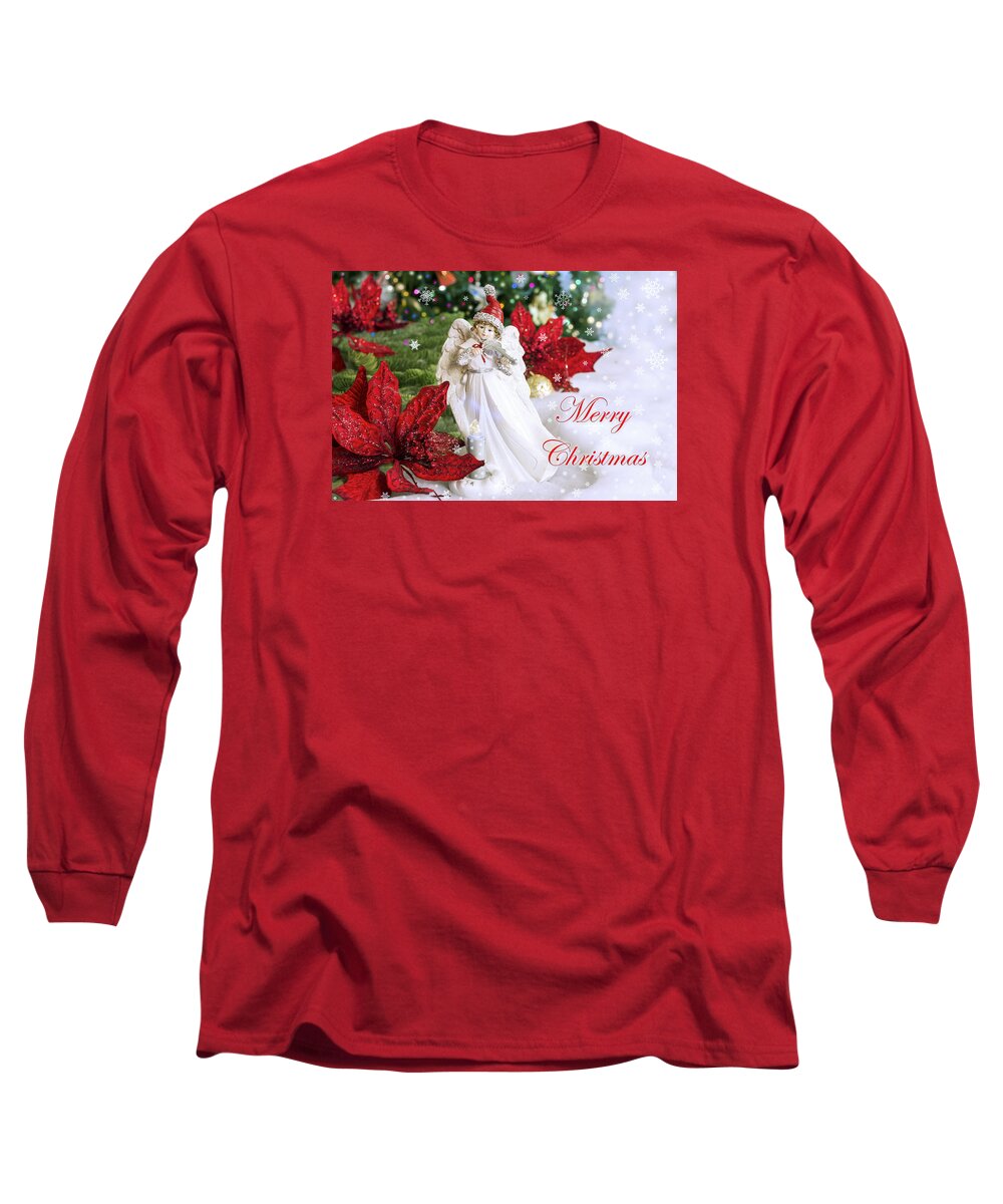 Christmas Card Long Sleeve T-Shirt featuring the mixed media Christmas Angel playing violin  by Marina Kojukhova