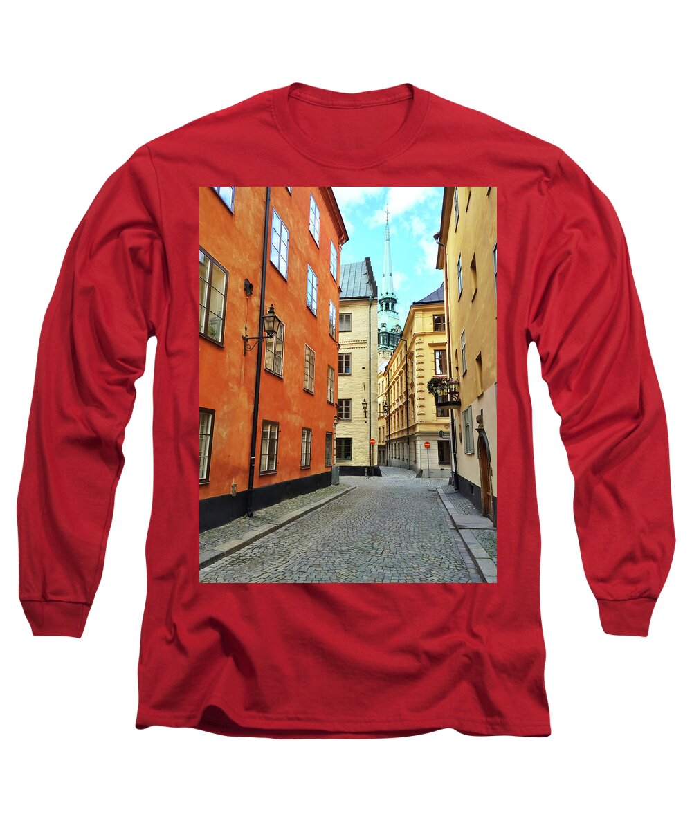 Stockholm Long Sleeve T-Shirt featuring the photograph Colorful buildings in the old center of Stockholm by GoodMood Art