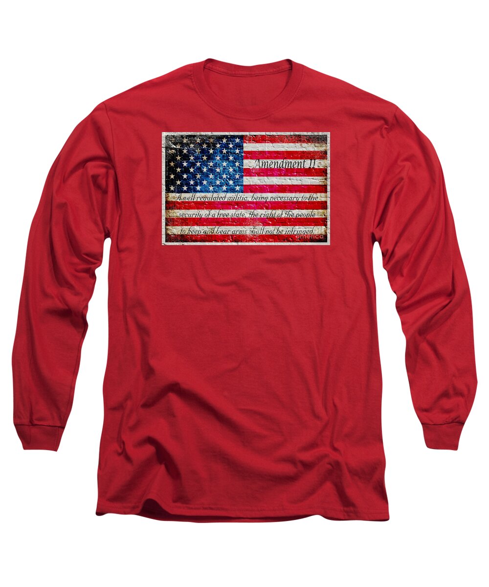 American Flag Long Sleeve T-Shirt featuring the digital art Distressed American Flag And Second Amendment On White Bricks Wall by M L C