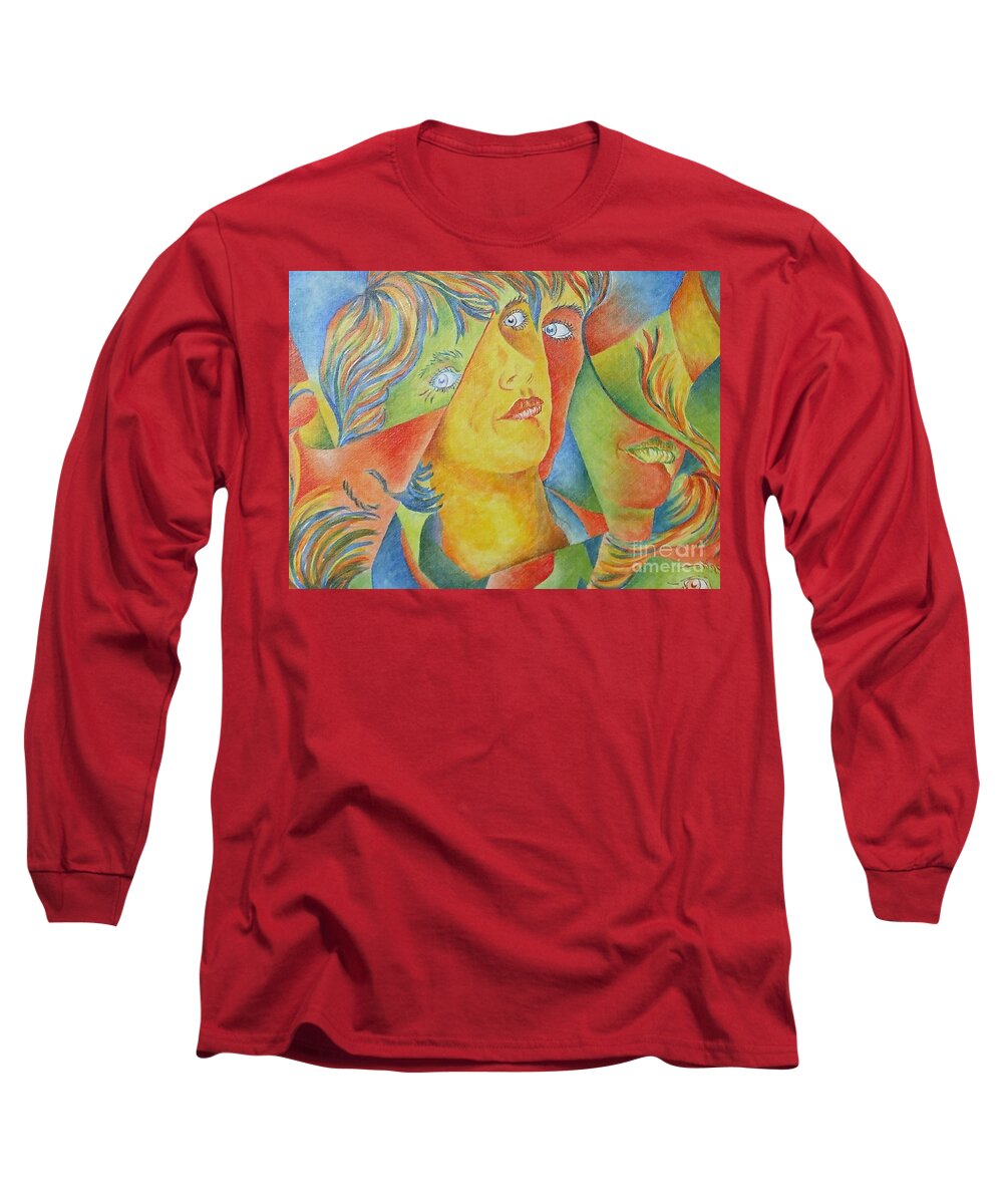 Cubist Long Sleeve T-Shirt featuring the painting Femme aux Trois Visages by Claire Gagnon