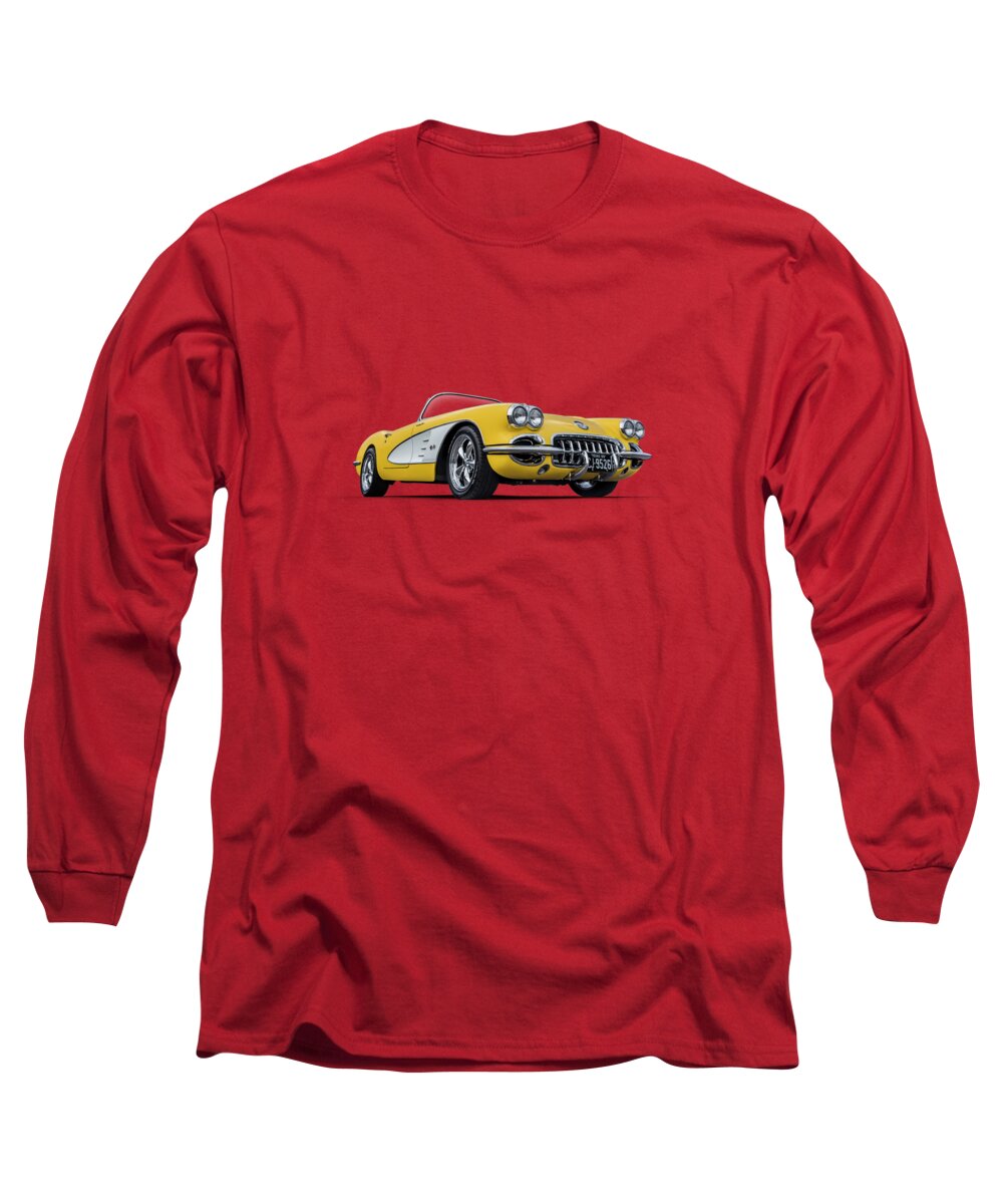 Corvette Long Sleeve T-Shirt featuring the digital art 1960 Yellow and White Corvette Convertible by Douglas Pittman