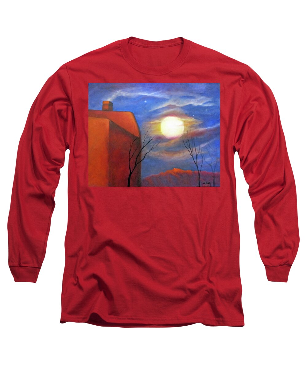 Full Moon Long Sleeve T-Shirt featuring the painting Full Moon At Sunset by Sherry Strong