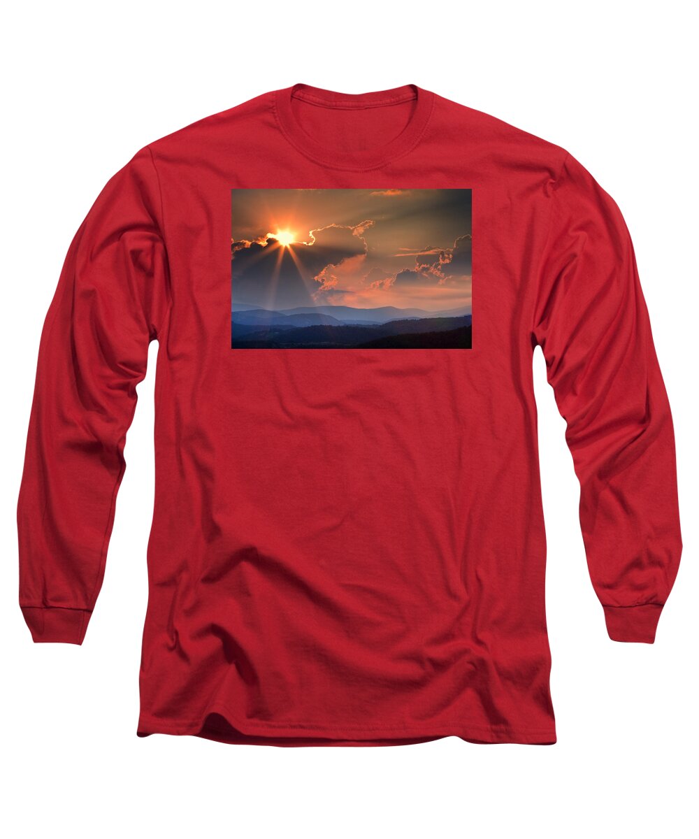 Sunset Long Sleeve T-Shirt featuring the photograph God Rays over N C Mountains by Ken Barrett