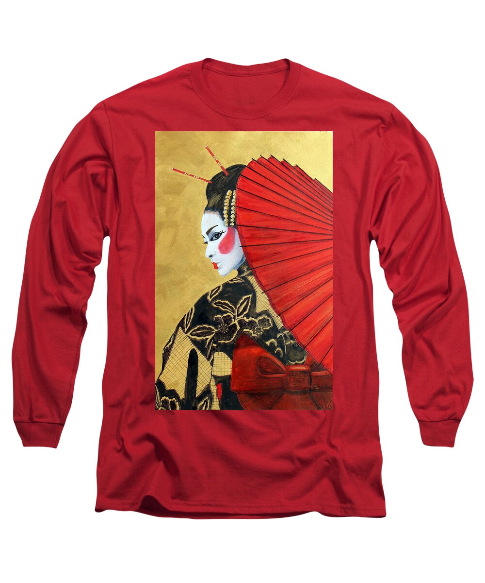 Geisha Long Sleeve T-Shirt featuring the painting Golden World Watercolor by Kimberly Walker