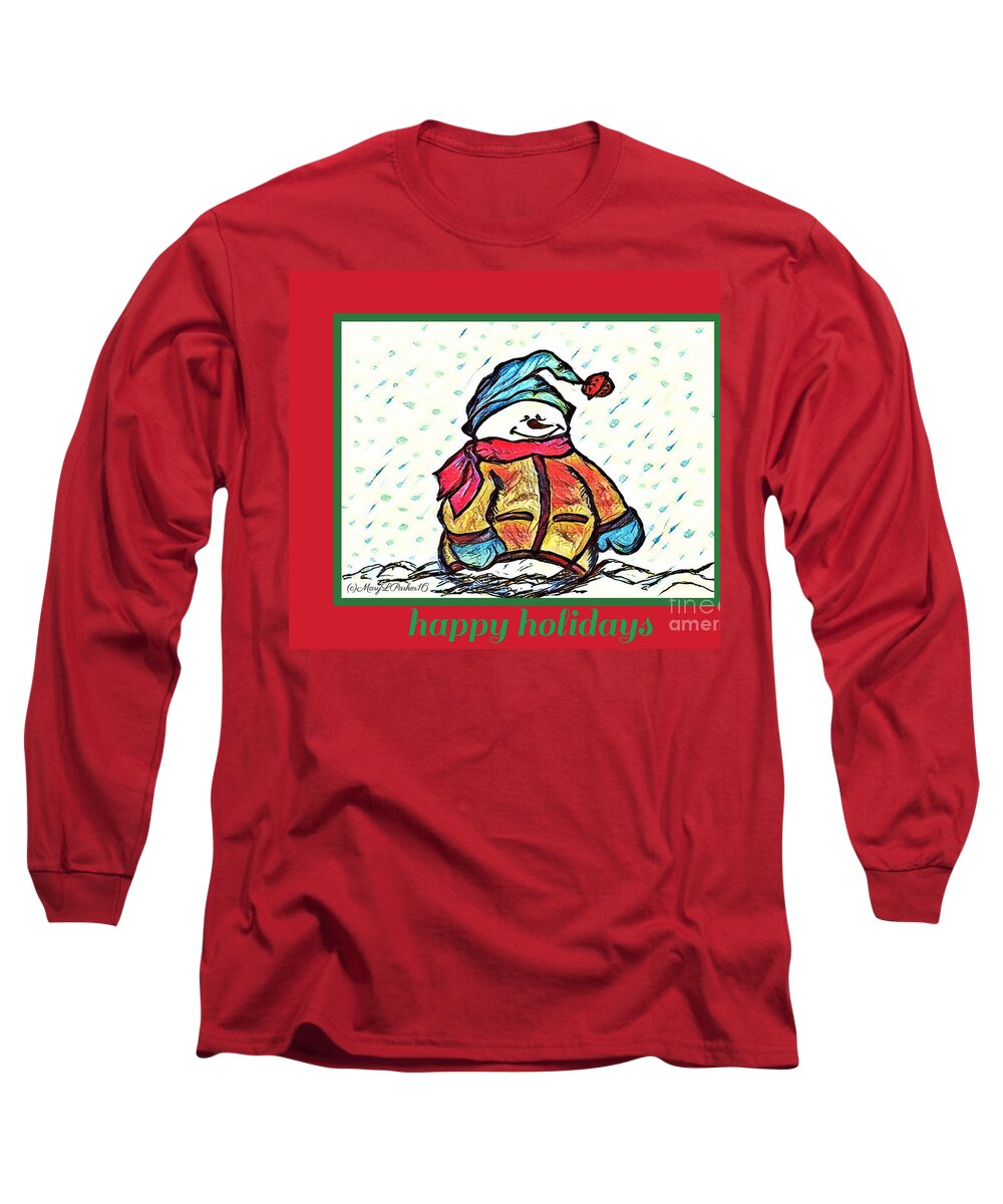 Happy Long Sleeve T-Shirt featuring the mixed media Happy Holidays Snowman by MaryLee Parker