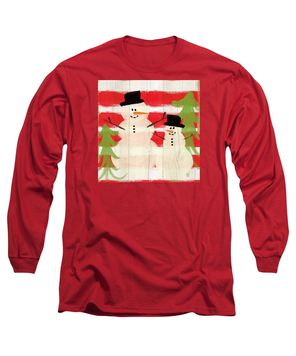 Snowman Long Sleeve T-Shirt featuring the painting Happy Snowmen- Art by Linda Woods by Linda Woods