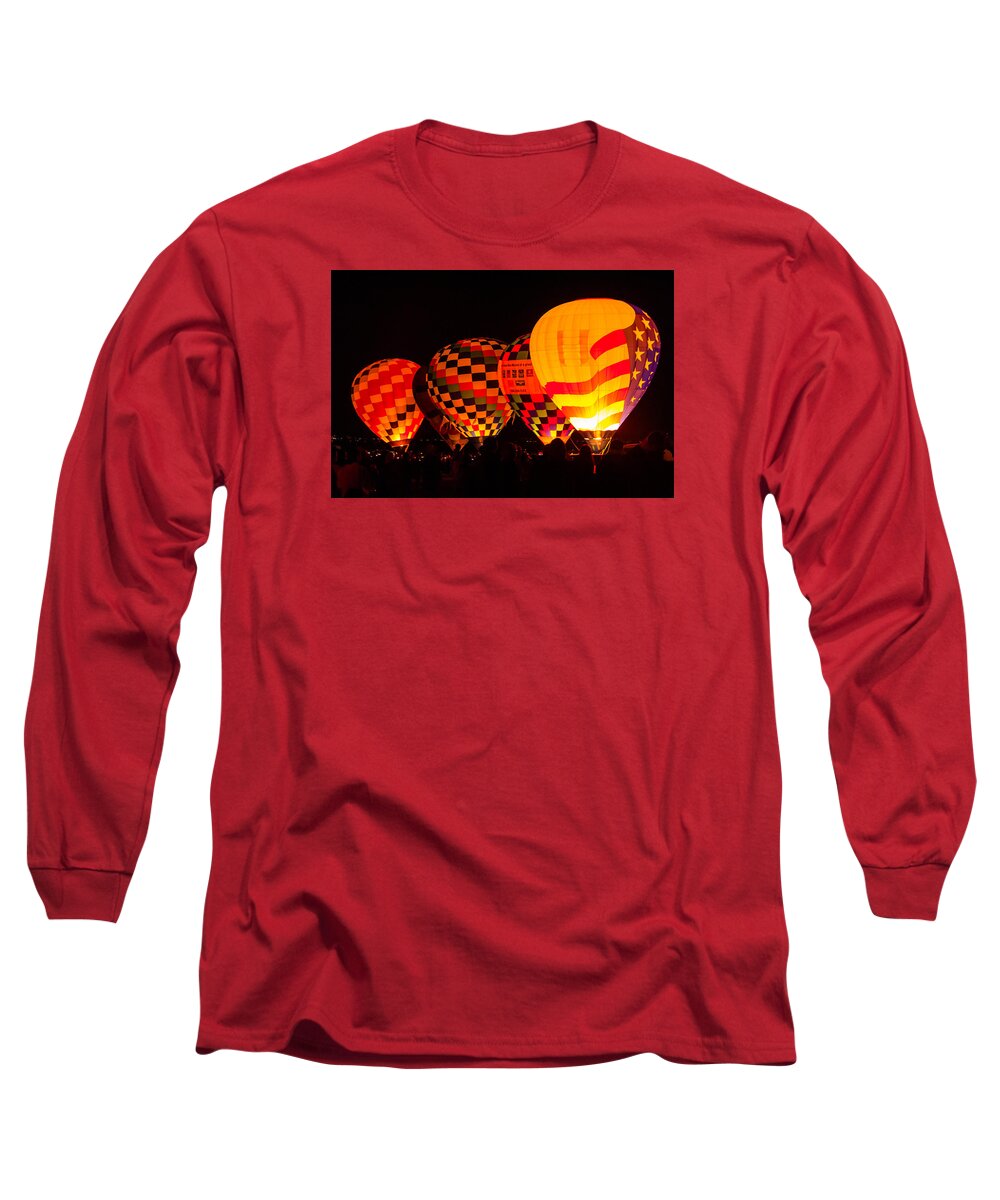 Hot Air Balloons Long Sleeve T-Shirt featuring the photograph Hot air balloons night glow2 by Charles McCleanon