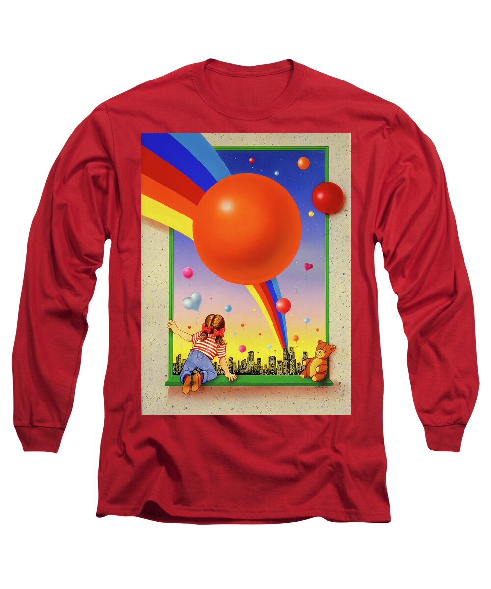 Balloons Winder Child Teddy Bear Joy Kids Rainbow Long Sleeve T-Shirt featuring the mixed media Imagine by Murry Whiteman