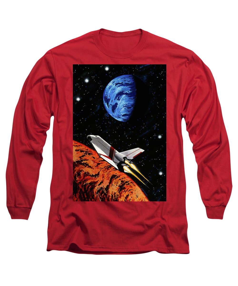Shuttle Space Earth Planet Explore Astronaut Long Sleeve T-Shirt featuring the painting Into the unknown by Murry Whiteman