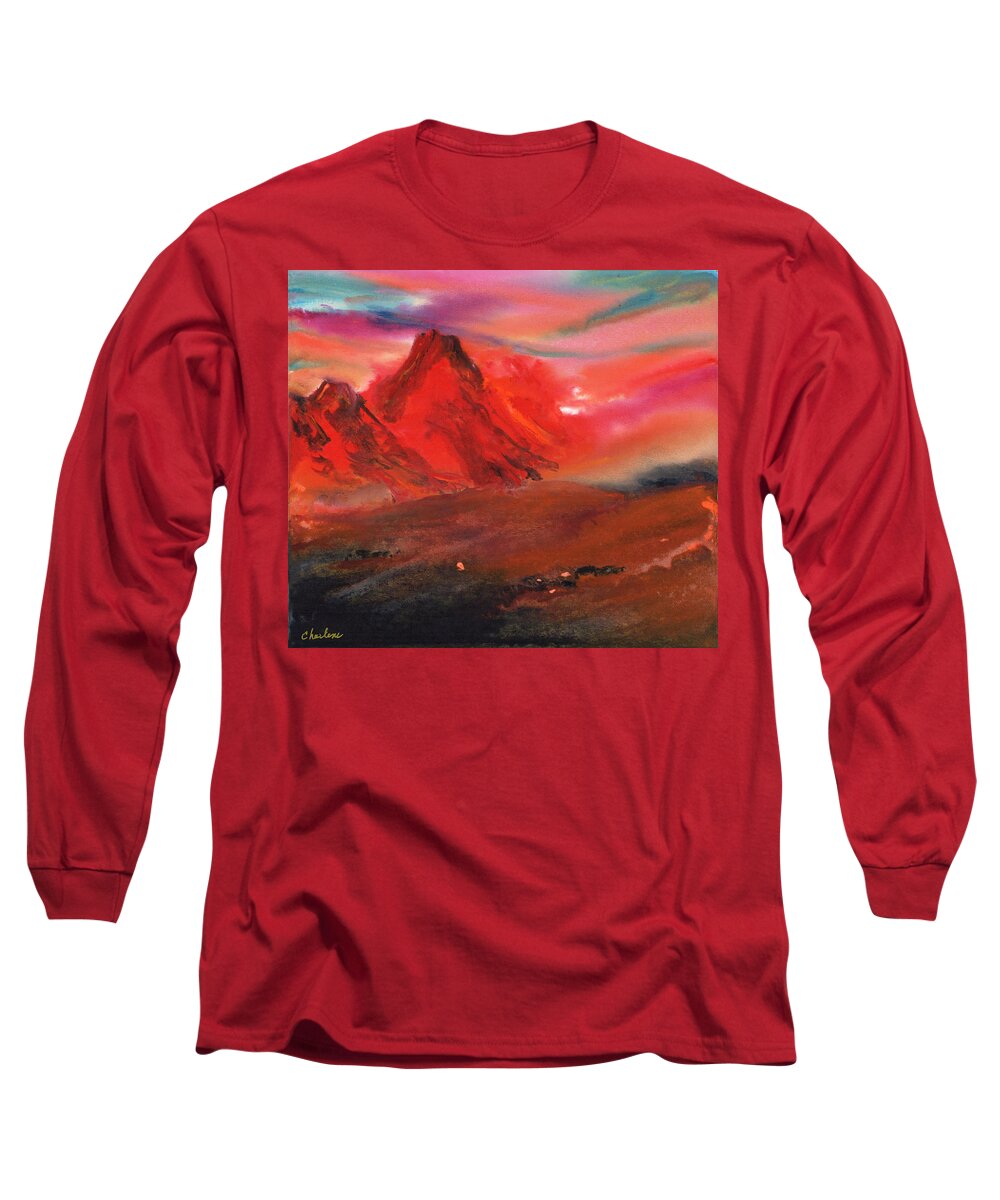 Abstract Long Sleeve T-Shirt featuring the painting Jasper Mountain Sunset by Charlene Fuhrman-Schulz