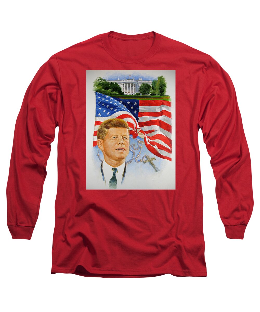 Portrait Long Sleeve T-Shirt featuring the painting John Kennedy Catholic by Cliff Spohn