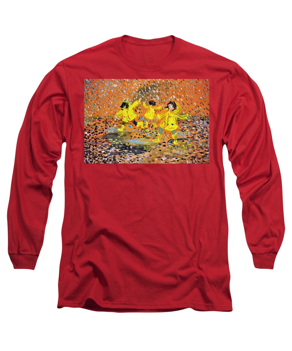 Rain Long Sleeve T-Shirt featuring the painting Jump in the Puddle by Evelina Popilian