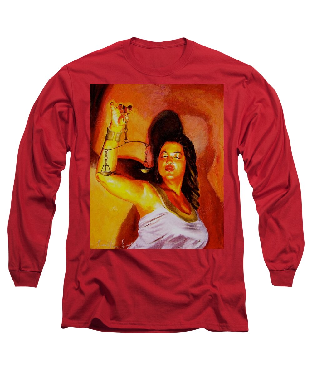 Law Art Long Sleeve T-Shirt featuring the painting Latina Lady Justice by Laura Pierre-Louis