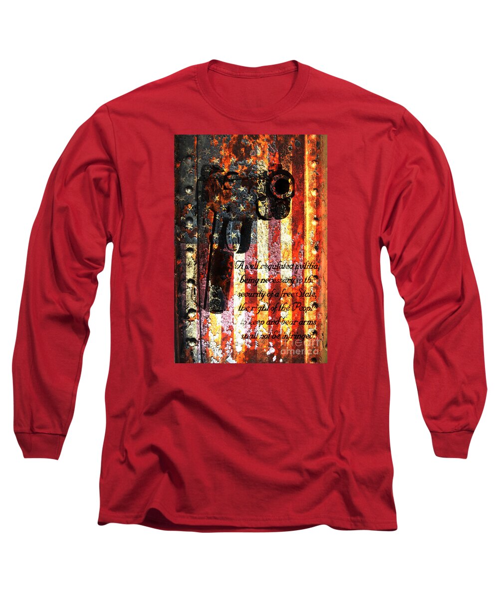 M1911 Long Sleeve T-Shirt featuring the digital art M1911 Pistol And Second Amendment On Rusted American Flag by M L C