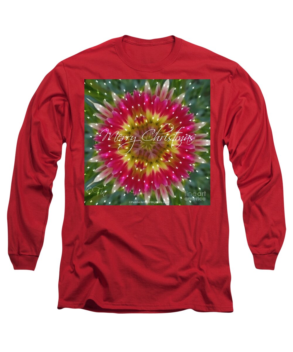Christmas Greeting Long Sleeve T-Shirt featuring the mixed media Merry Christmas by PainterArtist FIN