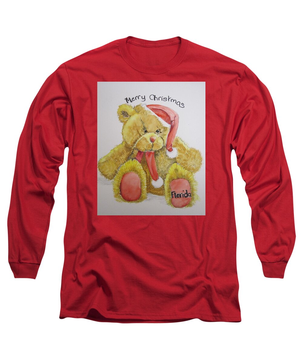 Toy Long Sleeve T-Shirt featuring the painting Merry Christmas Teddy by Teresa Smith