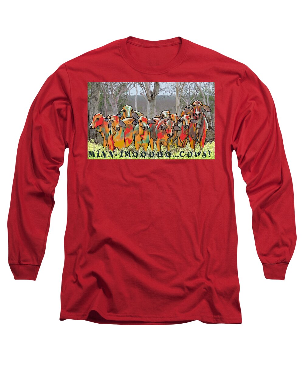 Herd Of Cows Long Sleeve T-Shirt featuring the mixed media Minnamooooo...cows by Joan Stratton