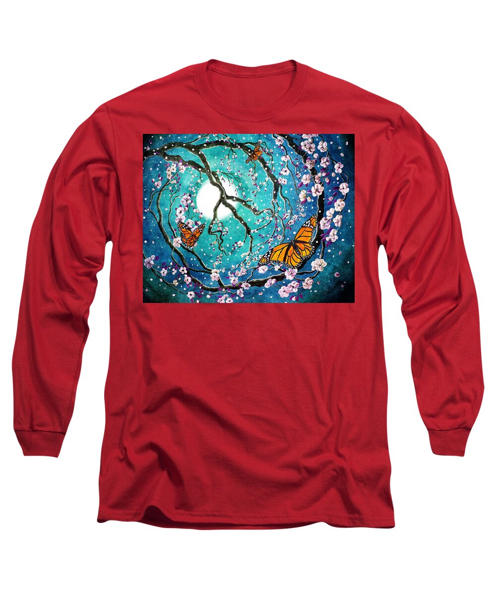 Fantasy Long Sleeve T-Shirt featuring the digital art Monarch Butterflies in Teal Moonlight by Laura Iverson