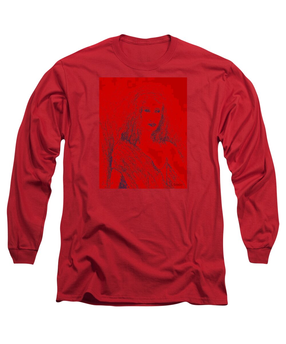 Red Long Sleeve T-Shirt featuring the drawing Mystery Woman II by Lessandra Grimley