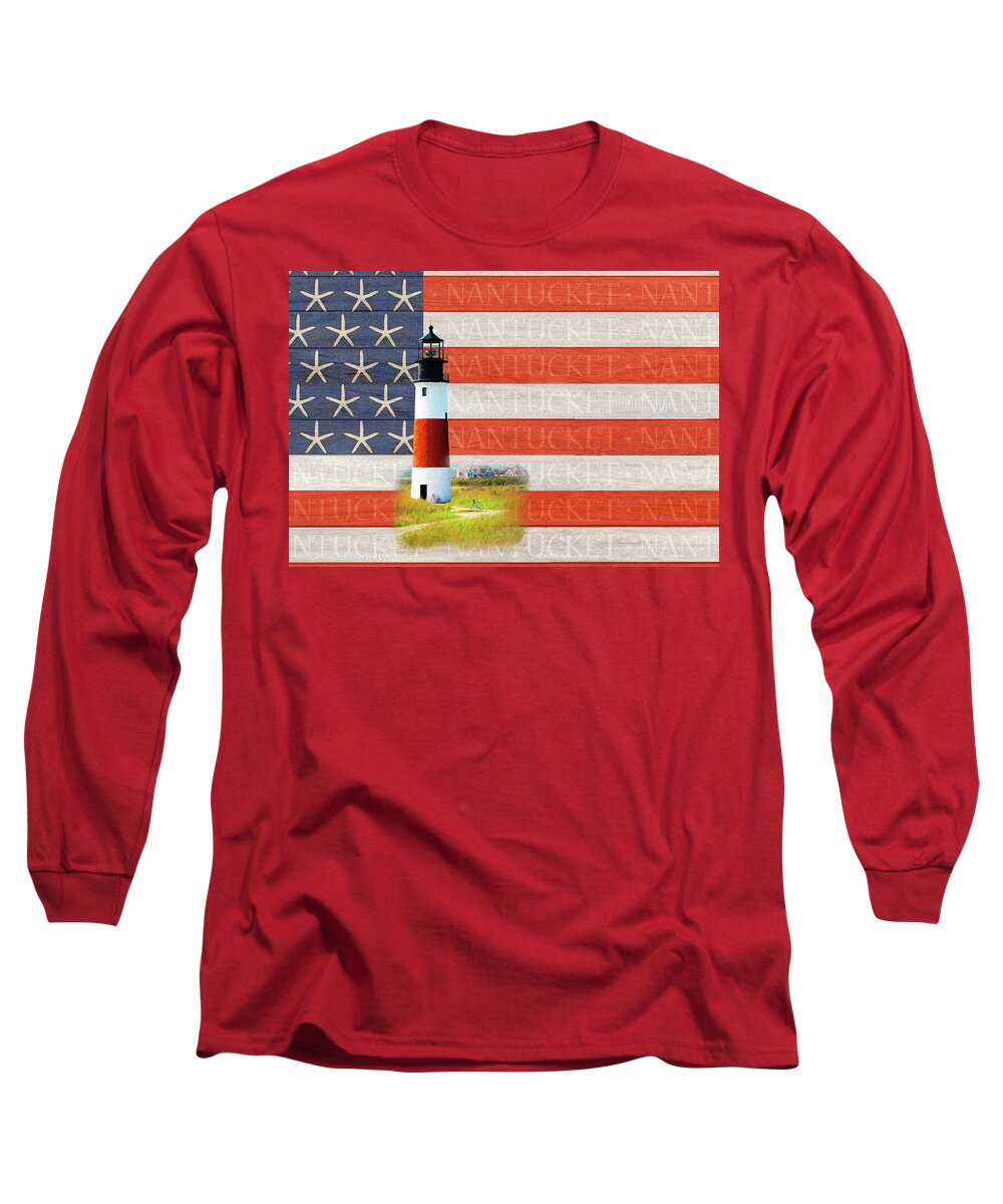 Nantucket Long Sleeve T-Shirt featuring the digital art Nantucket Flag with Sankaty Lighthouse by Barry Wills
