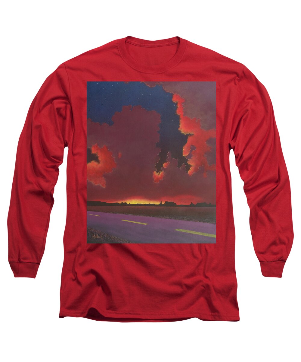 Desert Sunset Long Sleeve T-Shirt featuring the painting On a Dark Desert Highway by Jack Malloch