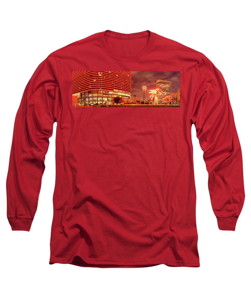 Downtown Long Sleeve T-Shirt featuring the photograph Panorama of the Original Pegasus, Reunion Tower, and Omni Hotel in Downtown Dallas - North Texas by Silvio Ligutti