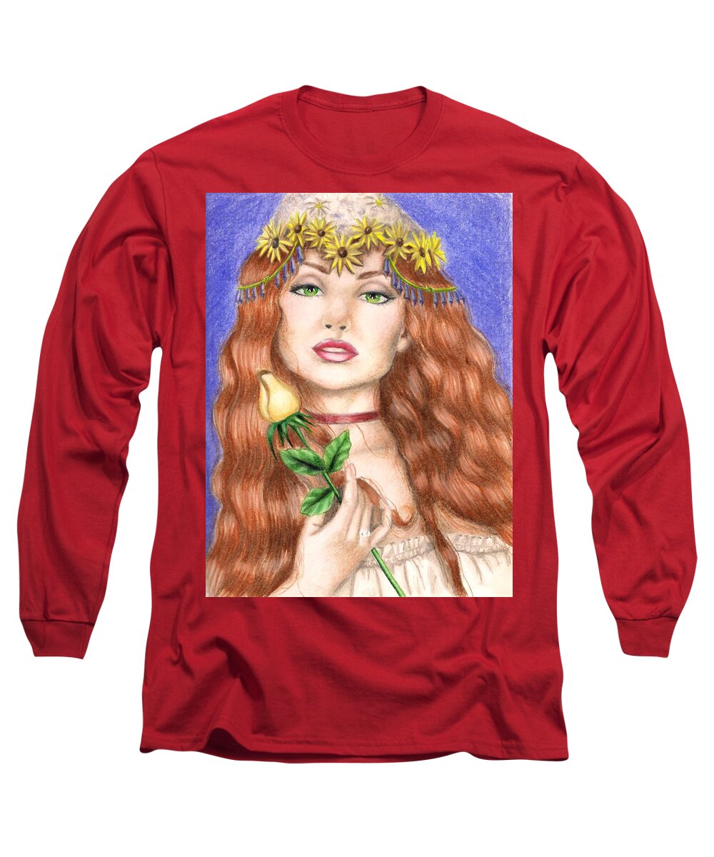 Colored Pencil Long Sleeve T-Shirt featuring the drawing Peasant Girl by Scarlett Royale