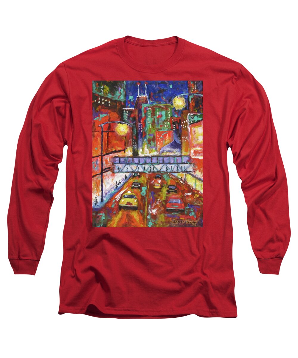 City At Night Long Sleeve T-Shirt featuring the painting Pedestrian Bridge by J Loren Reedy