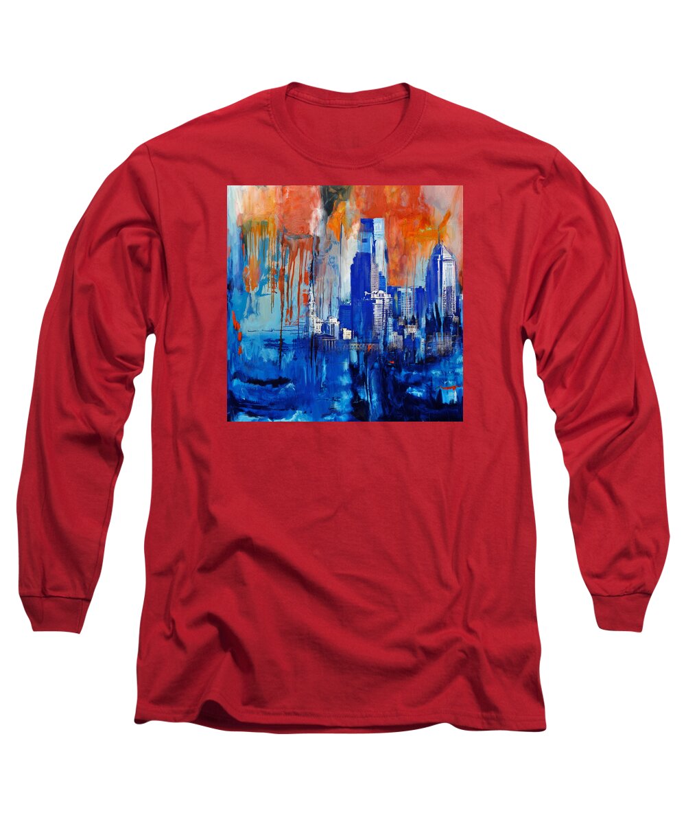 Philadelphia Skyline From Belmont Plateau Long Sleeve T-Shirt featuring the painting Philadelphia Skyline 227 1 by Mawra Tahreem