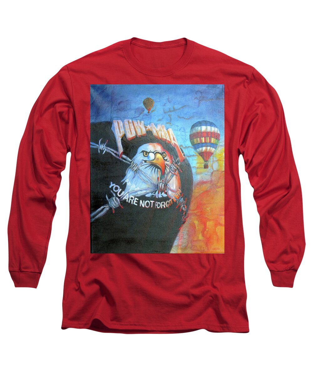 Realistic Long Sleeve T-Shirt featuring the painting POW-MIA Never Forget by Sherry Strong