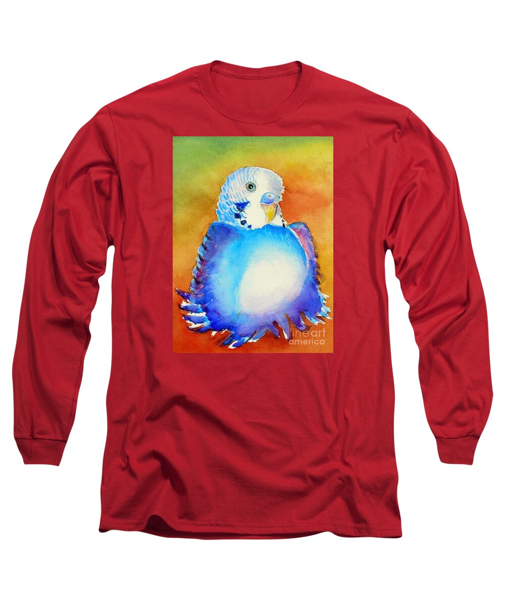 Birds Long Sleeve T-Shirt featuring the painting Pudgy Budgie by Patricia Piffath