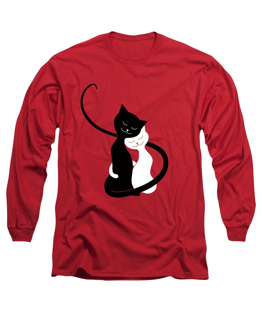 Cats Long Sleeve T-Shirt featuring the digital art Red Hugging Love Cats by Boriana Giormova
