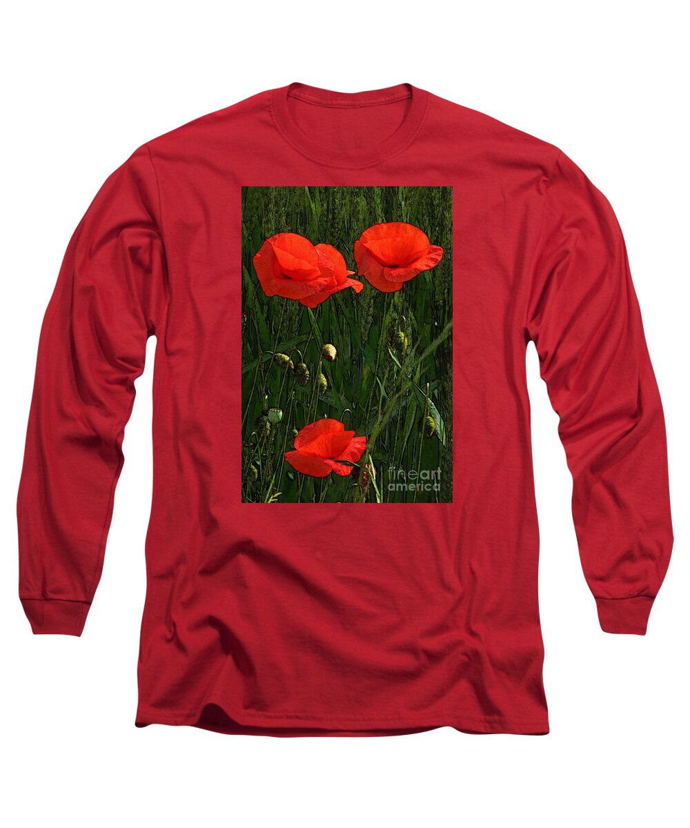 Art Long Sleeve T-Shirt featuring the photograph Red Poppy Flowers In Grassland 3 by Jean Bernard Roussilhe
