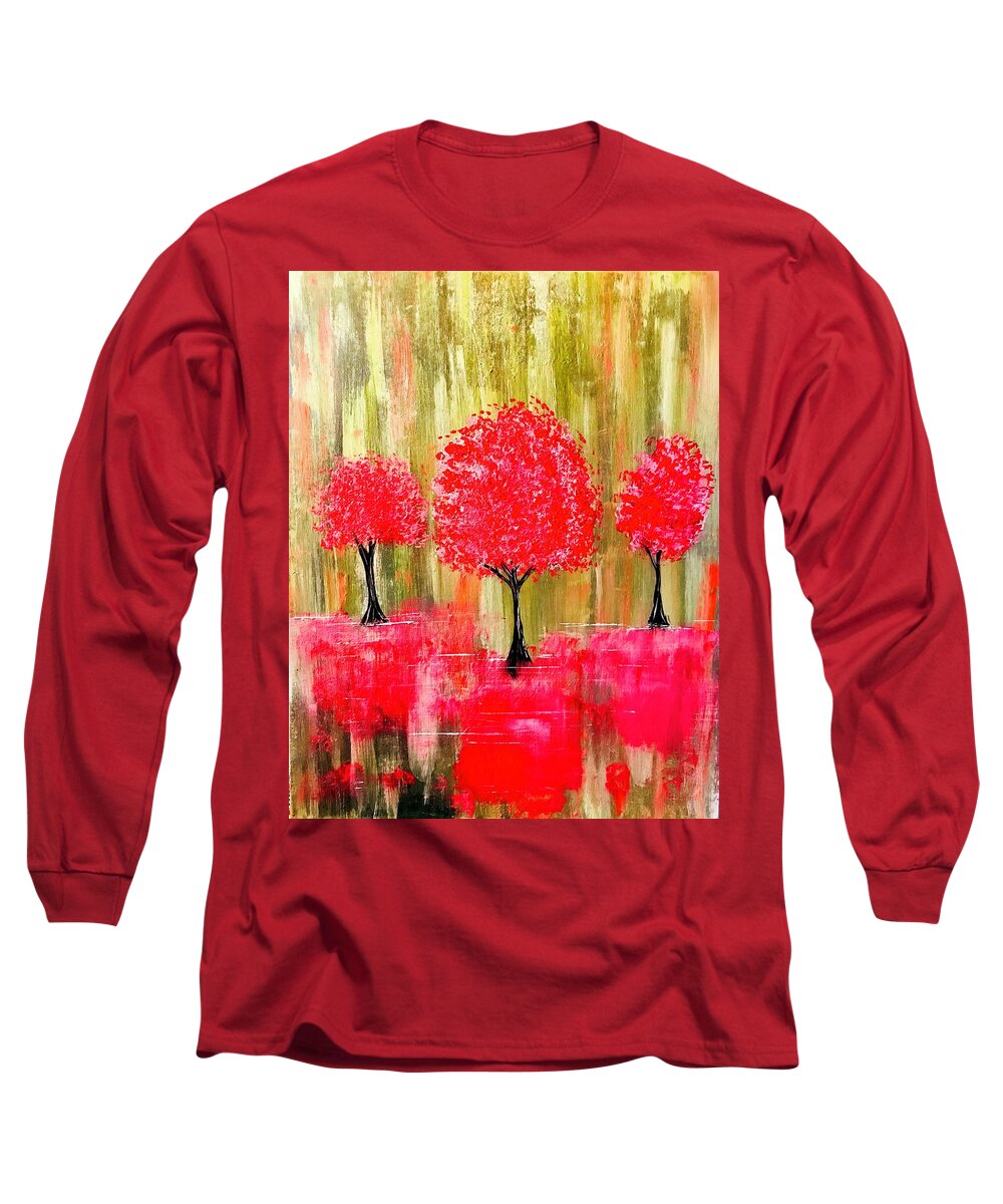 Original Acrylic Landscape Abstract Art With Pink Trees And Reflections Long Sleeve T-Shirt featuring the painting Reflections Of Trees by Willy Proctor
