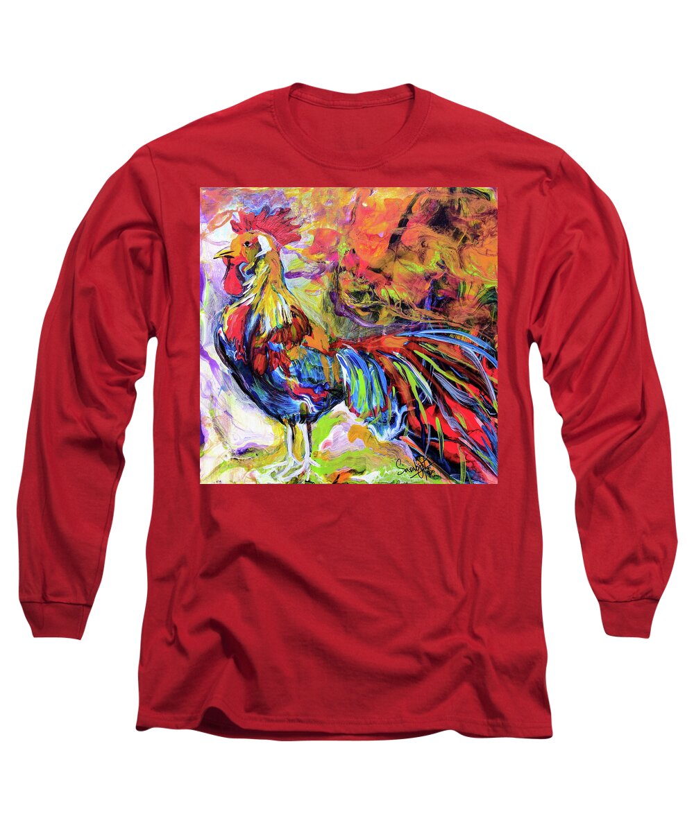 Rooster Long Sleeve T-Shirt featuring the painting Rooster by Sarabjit Singh