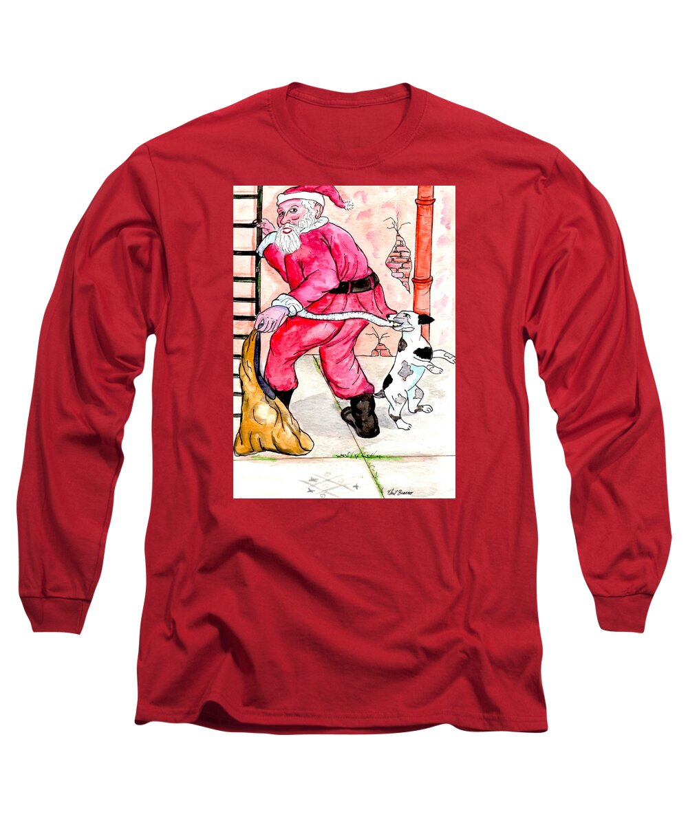 Santa Long Sleeve T-Shirt featuring the mixed media Santa Climbs The Ladder by Philip And Robbie Bracco