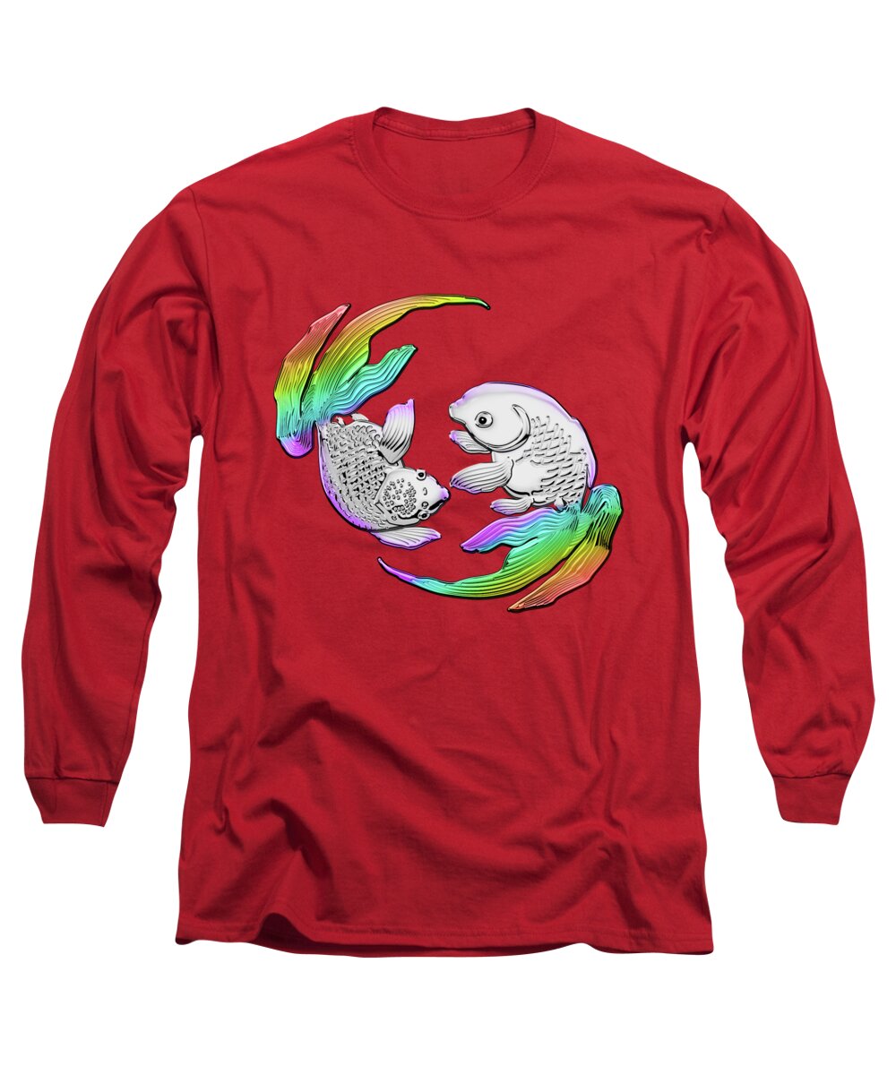 'beasts Creatures And Critters' Collection By Serge Averbukh Long Sleeve T-Shirt featuring the digital art Silver Japanese Koi Goldfish over Red Canvas by Serge Averbukh