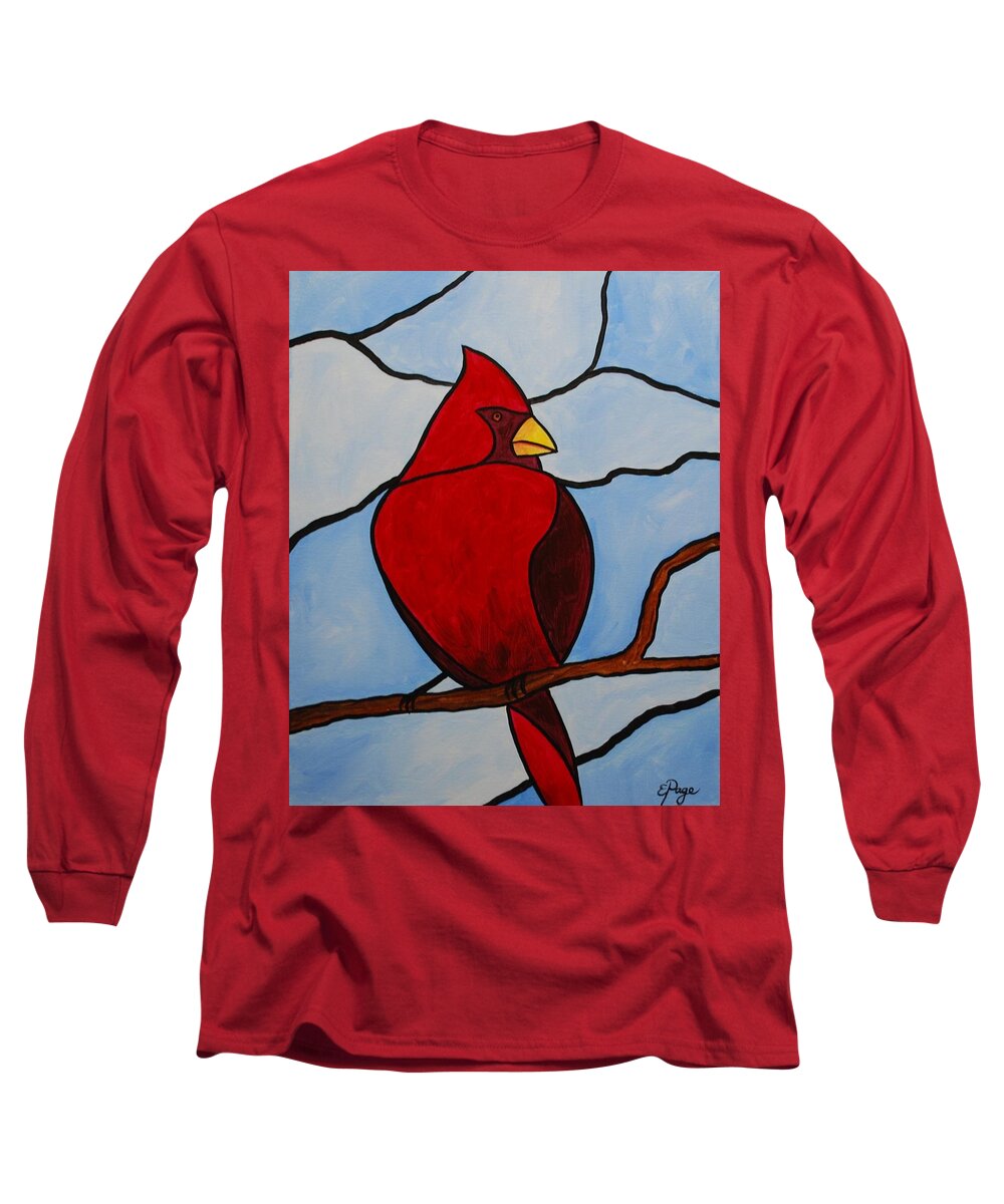 Stained Glass Long Sleeve T-Shirt featuring the painting Stained Glass Cardinal by Emily Page