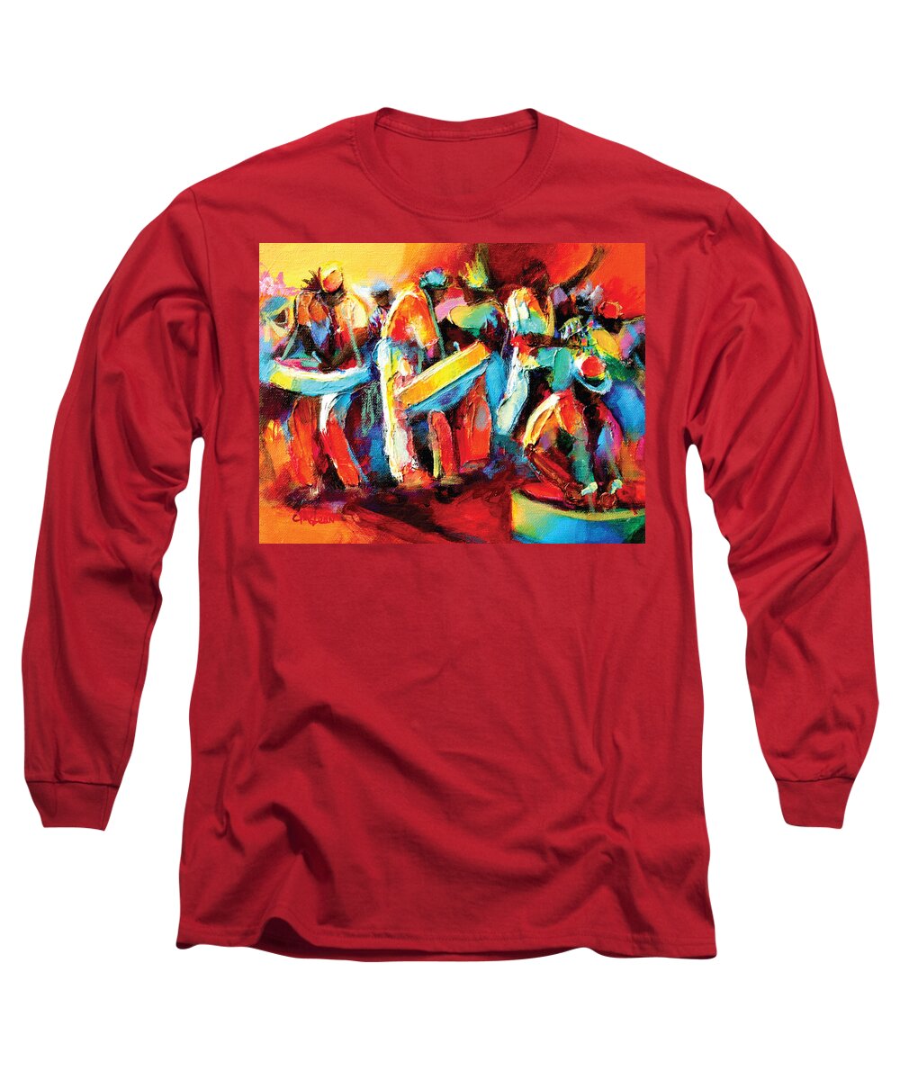 Steel Long Sleeve T-Shirt featuring the painting Steel Pan Revellers by Cynthia McLean