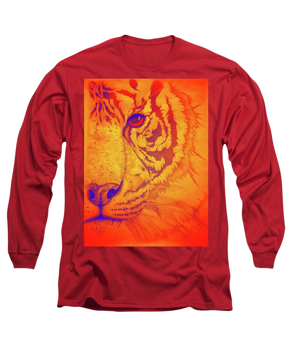  Tigers Digital Art Long Sleeve T-Shirt featuring the drawing Sunburst tiger by Mayhem Mediums