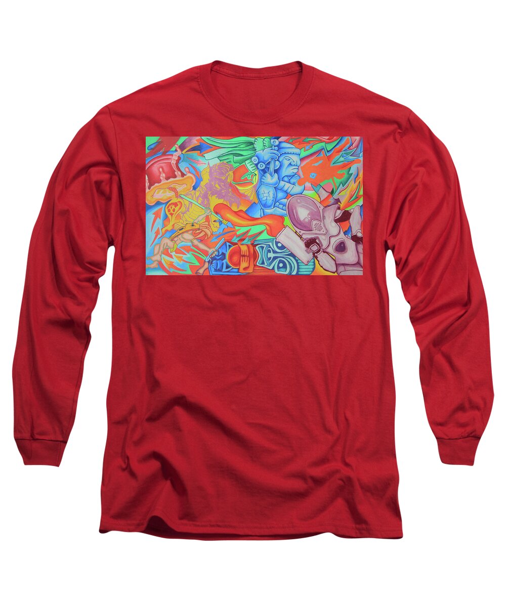 Spiritual Psychedelic Pop Long Sleeve T-Shirt featuring the drawing The Miracle of St. George the Dragon Slayer -Top Panel by Andrew Chambers