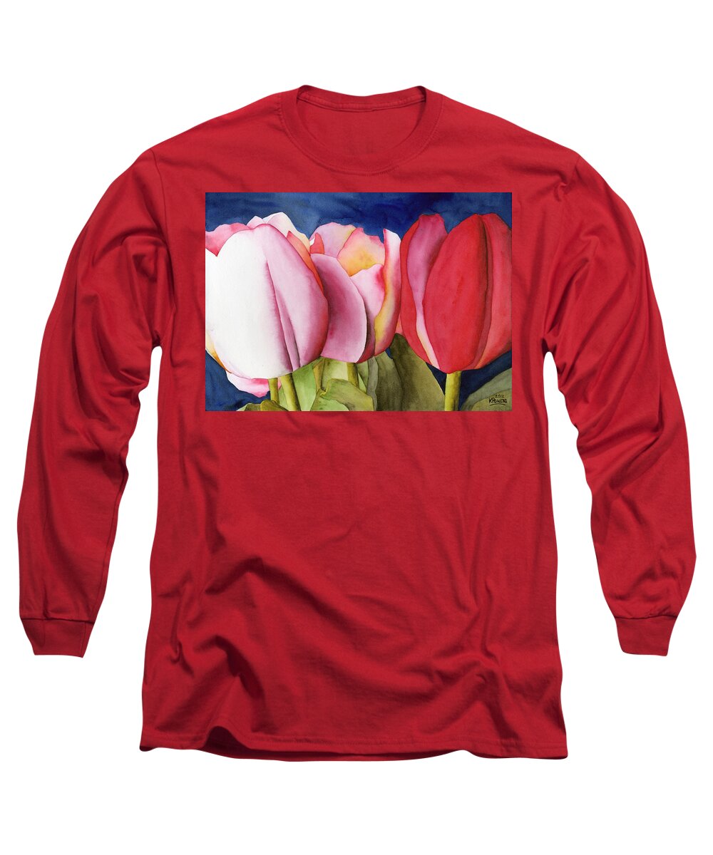Watercolor Long Sleeve T-Shirt featuring the painting Triple Tulips by Ken Powers