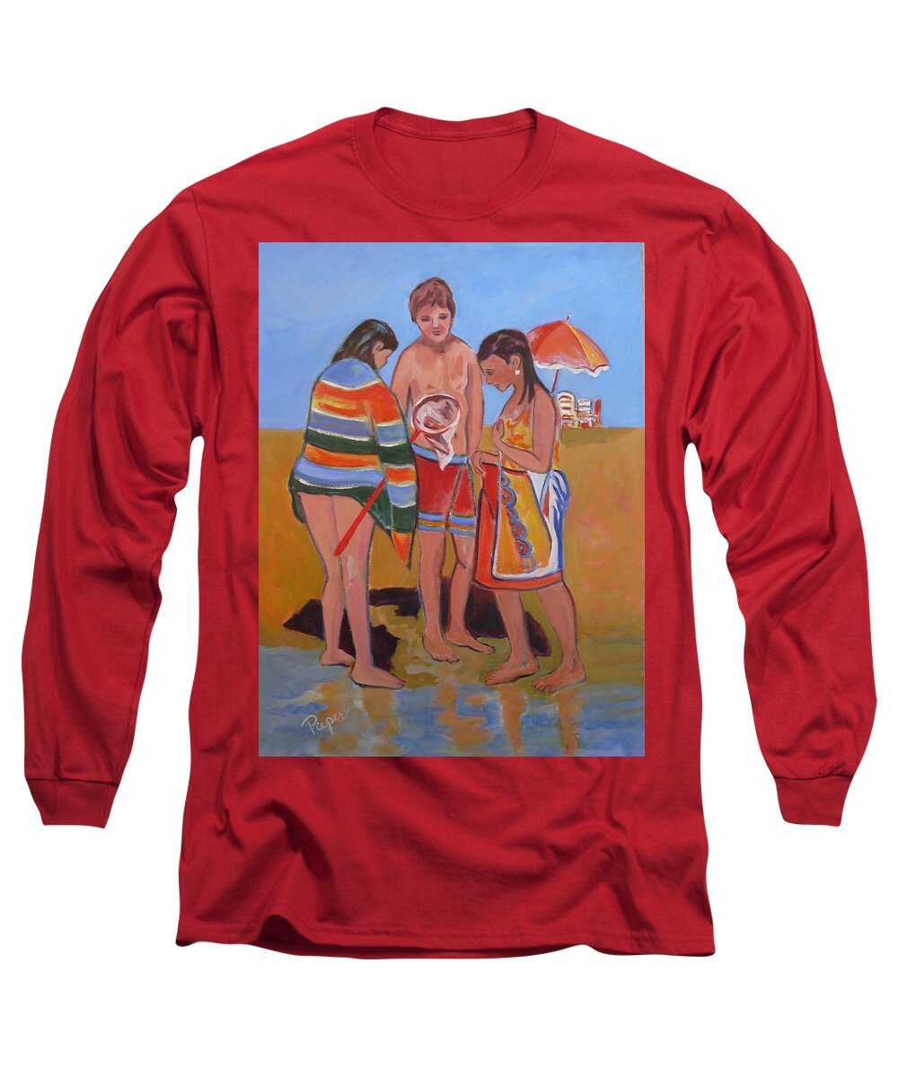 Children At The Beach Long Sleeve T-Shirt featuring the painting Tweens at the Beach by Betty Pieper
