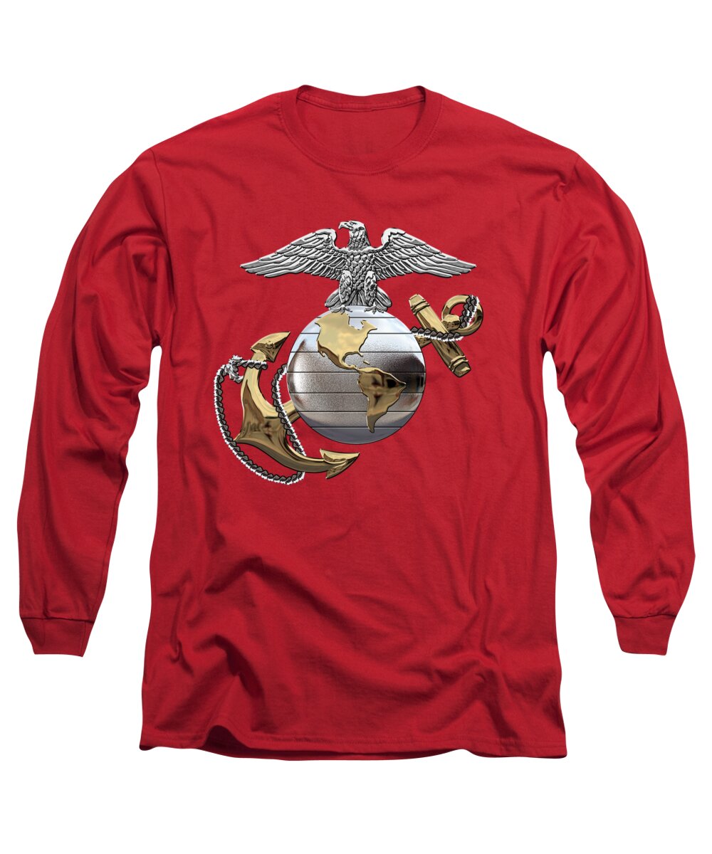 'usmc' Collection By Serge Averbukh Long Sleeve T-Shirt featuring the digital art U S M C Eagle Globe and Anchor - C O and Warrant Officer E G A over Red Velvet by Serge Averbukh