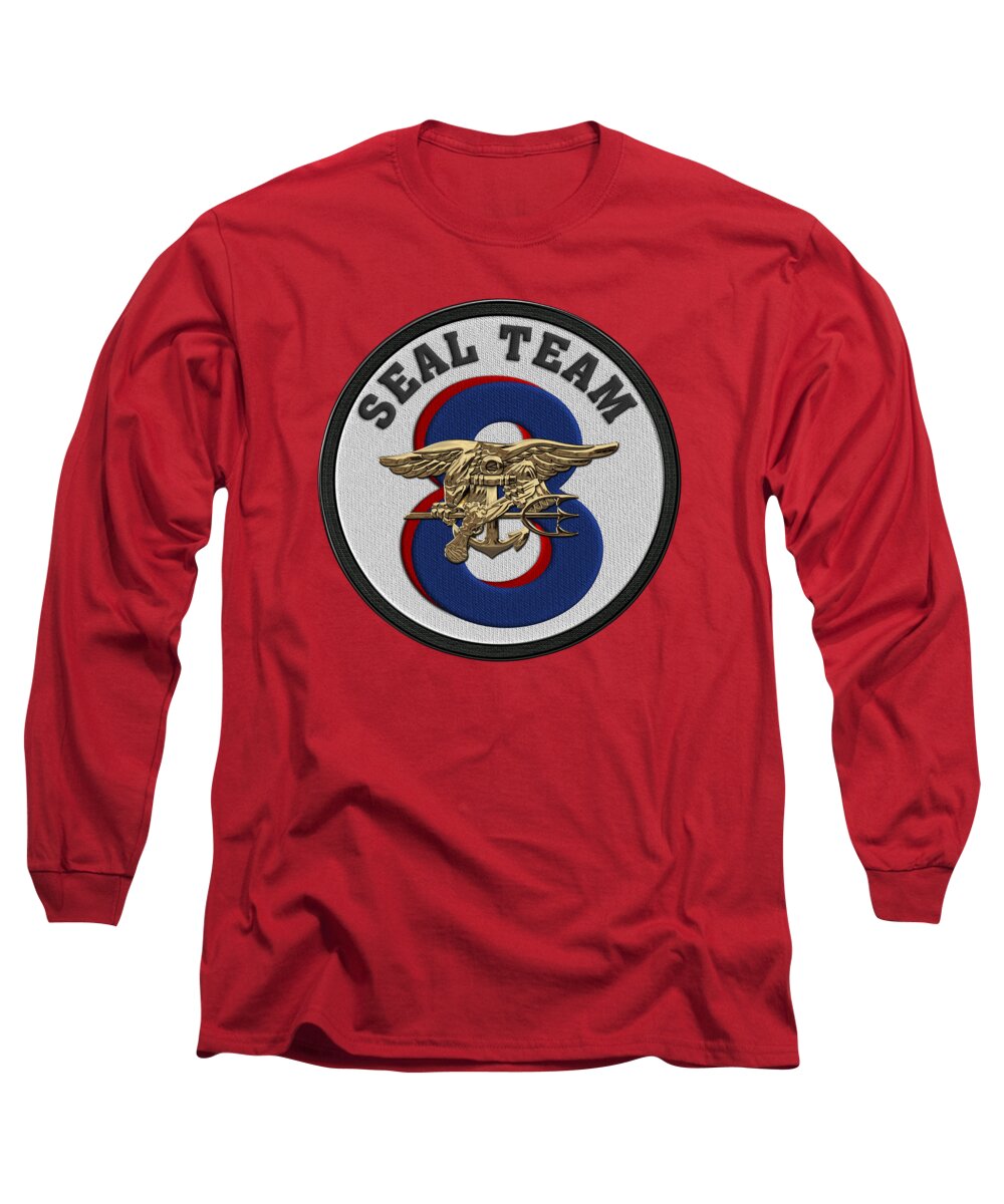 'military Insignia & Heraldry - Nswc' Collection By Serge Averbukh Long Sleeve T-Shirt featuring the digital art U. S. Navy S E A Ls - S E A L Team Eight - S T 8 Patch over Red Velvet by Serge Averbukh