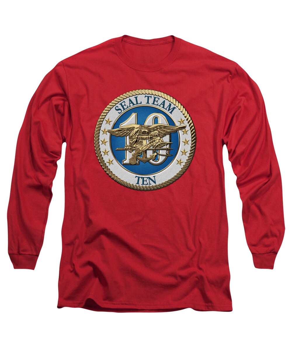 'military Insignia & Heraldry - Nswc' Collection By Serge Averbukh Long Sleeve T-Shirt featuring the digital art U. S. Navy S E A Ls - S E A L Team Ten - S T 10 Patch over Red Velvet by Serge Averbukh