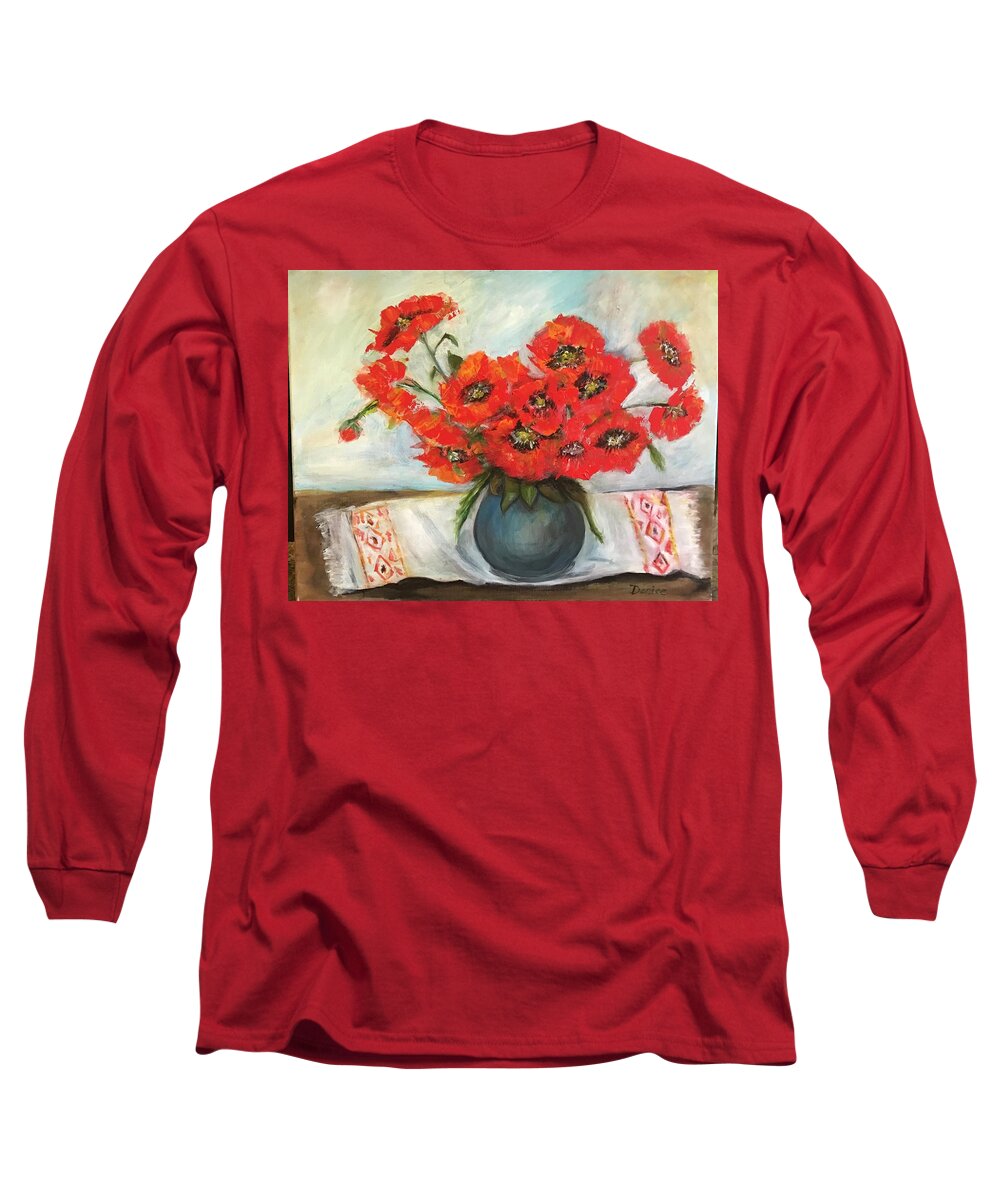 Red Poppies Long Sleeve T-Shirt featuring the mixed media Ukrainian Poppies by Denice Palanuk Wilson