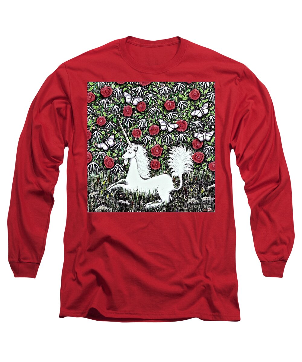 Lise Winne Long Sleeve T-Shirt featuring the digital art Unicorn with Red Roses and Butterflies by Lise Winne