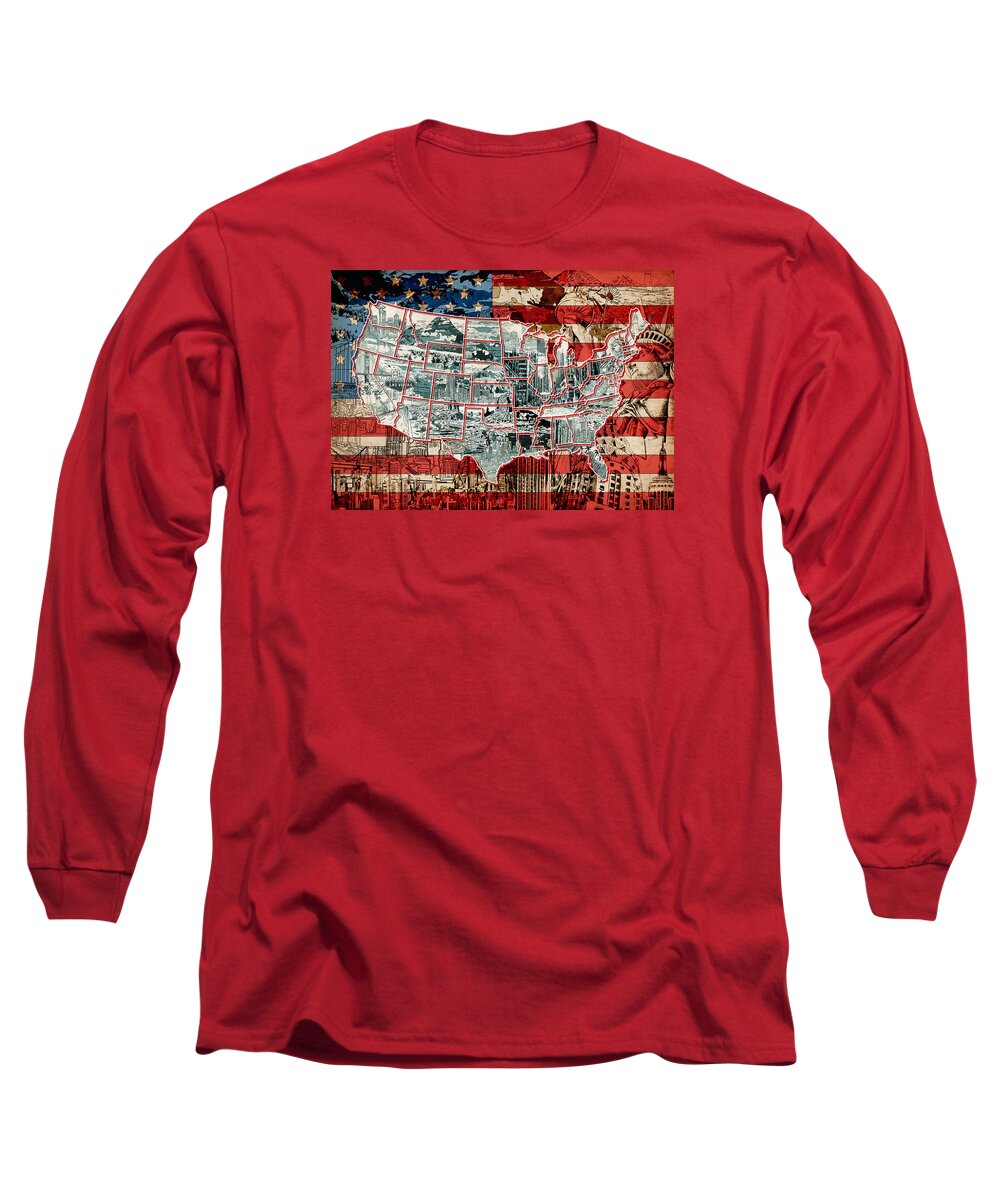 Map Long Sleeve T-Shirt featuring the painting United States Drawing Collage Map 6 by Bekim M